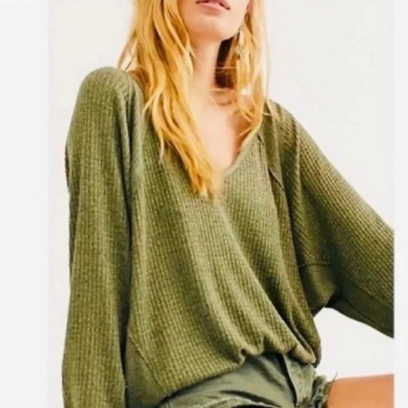 Free People Sweaters - Free People Santa Clara Thermal Oversized Relaxed Sweater Olive Green Sz XS